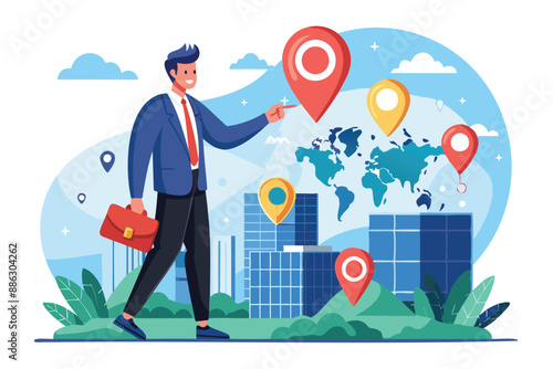 Businessman Founder Pinning Company Office Location on Search Engine Map, Establishing New Business Venture and Creating Corporate Presence