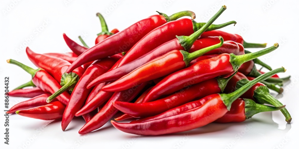 Vibrant red chili peppers burst with flavor and energy against a crisp white background, perfect for printing on eco-friendly products for health-conscious individuals. Vibrant red chili peppers burst with flavor and energy against a crisp white background, perfect for printing on eco-friendly products for health-conscious individuals.