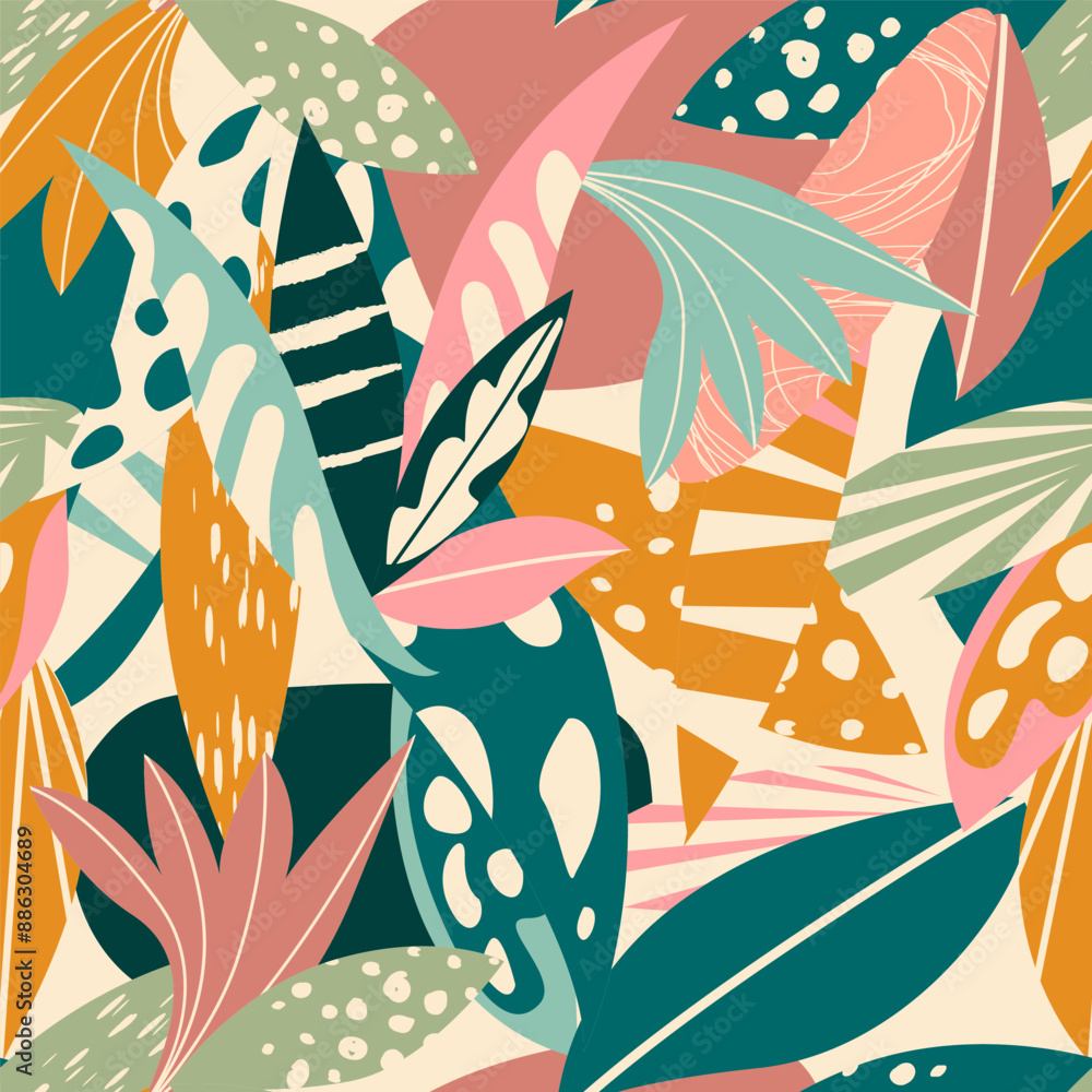 Fototapeta premium Floral Artistic Hand Drawn Seamless Pattern. Abstract Flowers Print. Vector Botanical Seamless Pattern with Abstract Leaves, Textures, Shapes. Colorful Leaves Creative Print Design