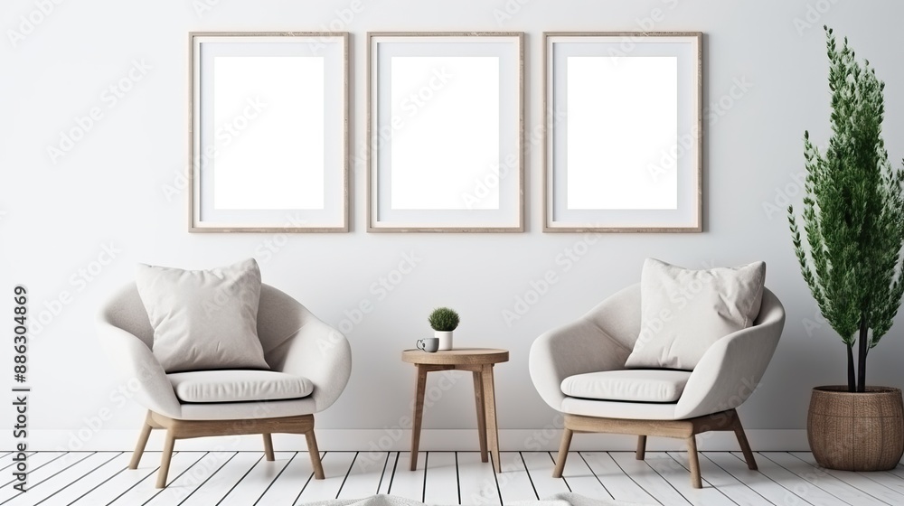 Fototapeta premium Minimalist Living Room with Empty Frames and Soft Armchairs