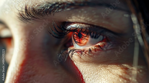 Woman with red eye suffering from conjunctivitis, closeup 