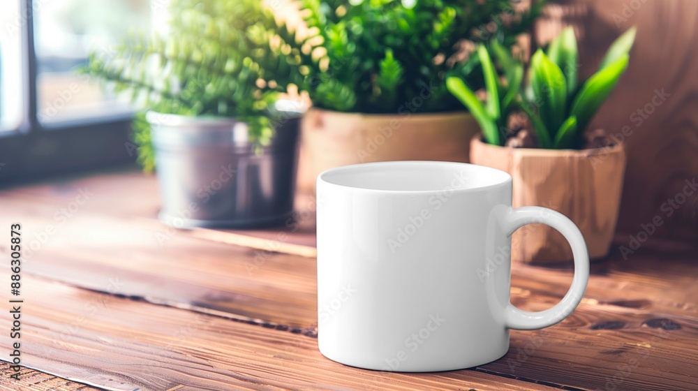 White mockup mug on a wooden table with several plants in the background, natural light and soft shadows. Mug for advertising. Copy space White mockup mug on a wooden table with several plants in the background, natural light and soft shadows. Mug for advertising. Copy space