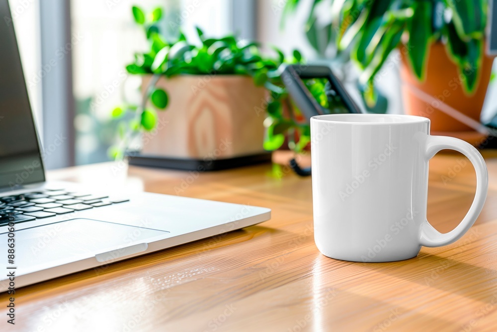 White mockup cup on a office desk. Image for branding and advertising. Copy space for text White mockup cup on a office desk. Image for branding and advertising. Copy space for text
