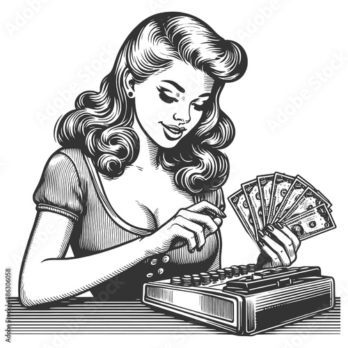 woman counting money with a vintage cash register, retro and nostalgic feel sketch engraving generative ai fictional character vector illustration. Scratch board imitation. Black and white image.