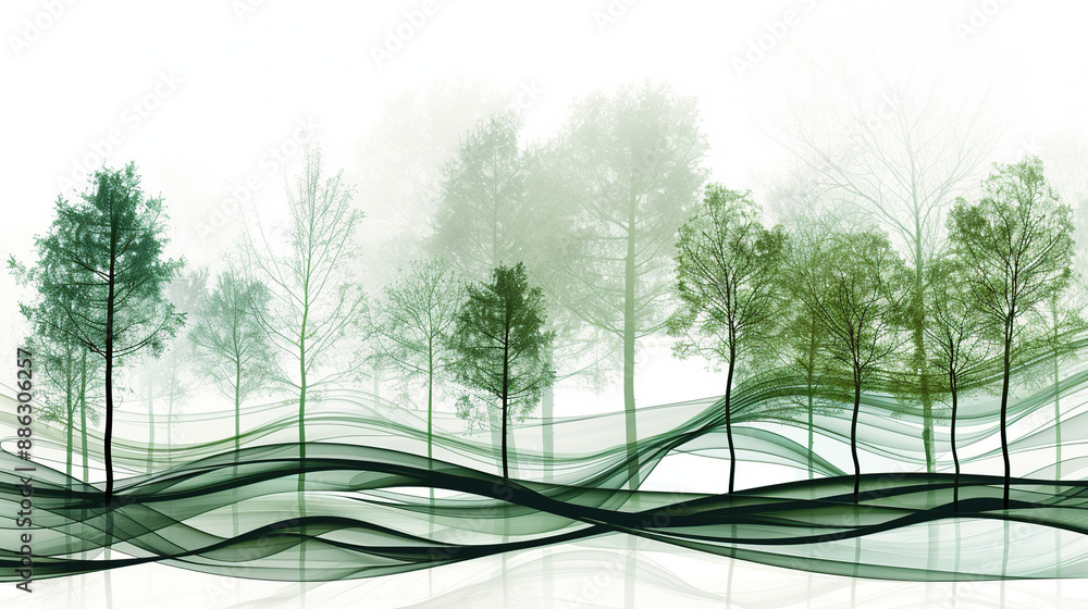Abstract green trees in a forest design with smoke wavy lines isolated on a white background Abstract green trees in a forest design with smoke wavy lines isolated on a white background