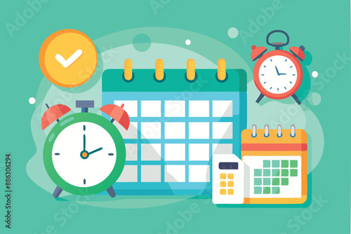 Flat Lay Calendar and Alarm Clock on Pastel Green Background, Scheduling Vacation, Business Appointments, or Project Deadlines