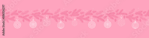 Cute hand drawn seamless pattern with pink branches and christmas decoration - x mas background, great for textiles, banners, wallpapers - vector design