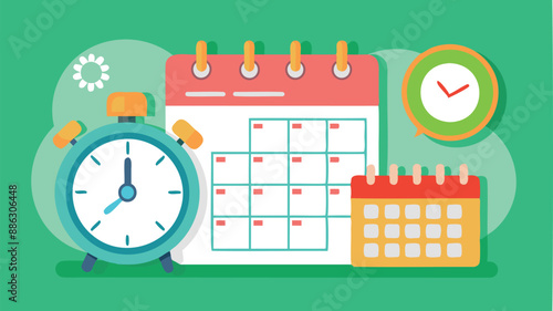 Flat Lay Calendar and Alarm Clock on Pastel Green Background, Scheduling Vacation, Business Appointments, or Project Deadlines