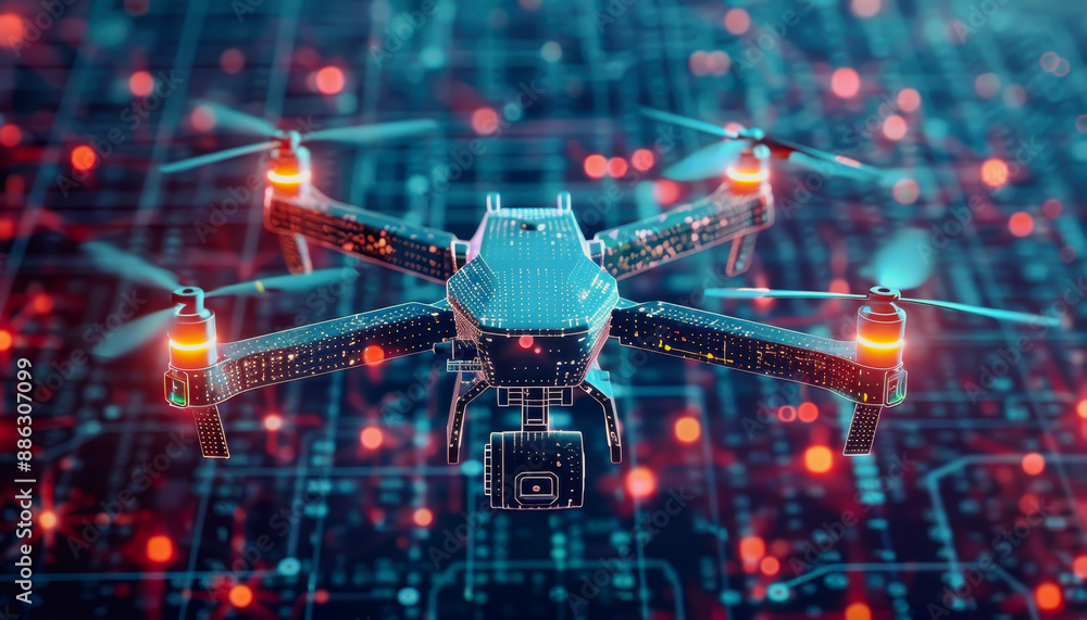 Fototapeta premium High-tech drone with illuminated circuits and propeller over glowing digital network