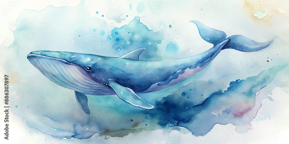 watercolor painting features a blue whale gracefully swimming in the ...