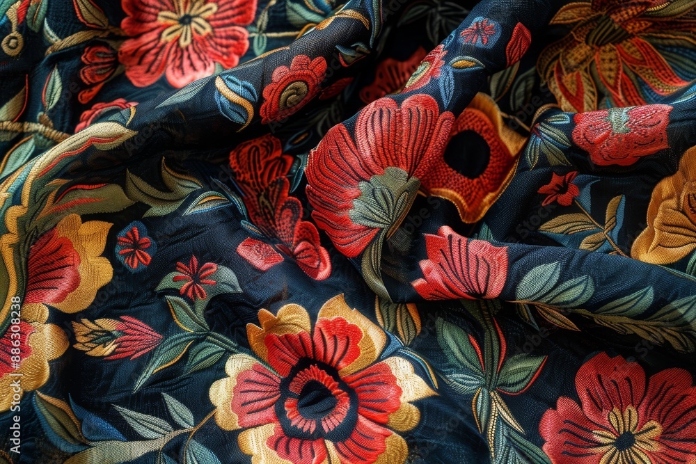 A detailed view of a textile with intricate floral patterns and vibrant colors, Creating intricate patterns for textile designs A detailed view of a textile with intricate floral patterns and vibrant colors, Creating intricate patterns for textile designs