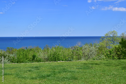 seascape overlooking the blue sea, bright sunny day. green grass on the coastline, leisure concept, tourism, vacation. pure sea water. Black Sea.