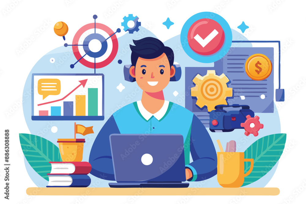 Gamification Marketing Strategy: Man with Laptop and Joystick Engaging Customers to Achieve Targets and Win Prizes Gamification Marketing Strategy: Man with Laptop and Joystick Engaging Customers to Achieve Targets and Win Prizes