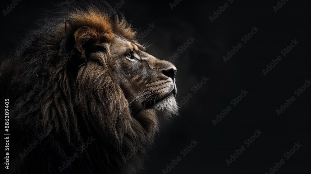 Lion on a black background.Copy space. Lion on a black background.Copy space.