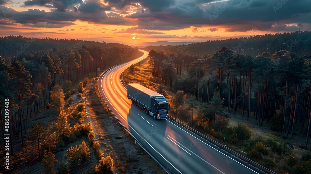 Drone shot of a highway winding through green trees, with hydrogen energy trucks and cars driving, representing sustainable and clean transportation Drone shot of a highway winding through green trees, with hydrogen energy trucks and cars driving, representing sustainable and clean transportation
