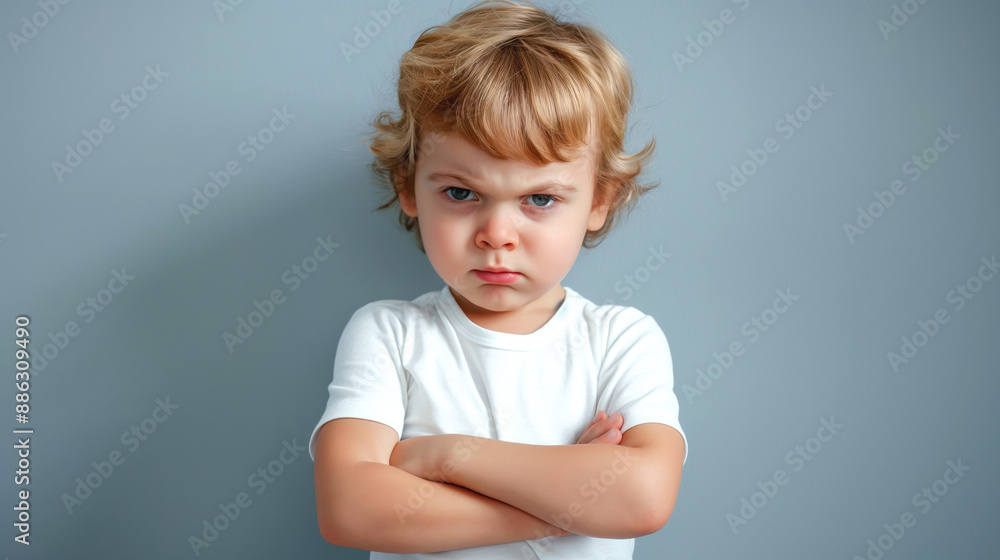 Young child with blond hair and serious expression, crossing arms, wearing a white shirt against a plain neutral background. Young child with blond hair and serious expression, crossing arms, wearing a white shirt against a plain neutral background.