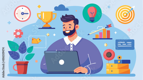 Gamification Marketing Strategy: Man with Laptop and Joystick Engaging Customers to Achieve Targets and Win Prizes