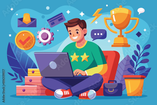 Gamification Marketing Strategy: Man with Laptop and Joystick Engaging Customers to Achieve Targets and Win Prizes