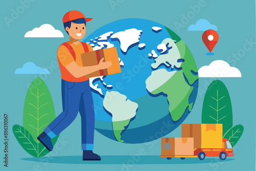 Global Logistics Services: Shipping Worker Delivering Parcel on Globe, Representing Worldwide Import, Export, and Transportation Solutions
