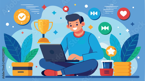 Gamification Marketing Strategy: Man with Laptop and Joystick Engaging Customers to Achieve Targets and Win Prizes