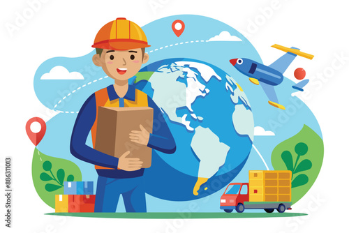 Global Logistics Services: Shipping Worker Delivering Parcel on Globe, Representing Worldwide Import, Export, and Transportation Solutions