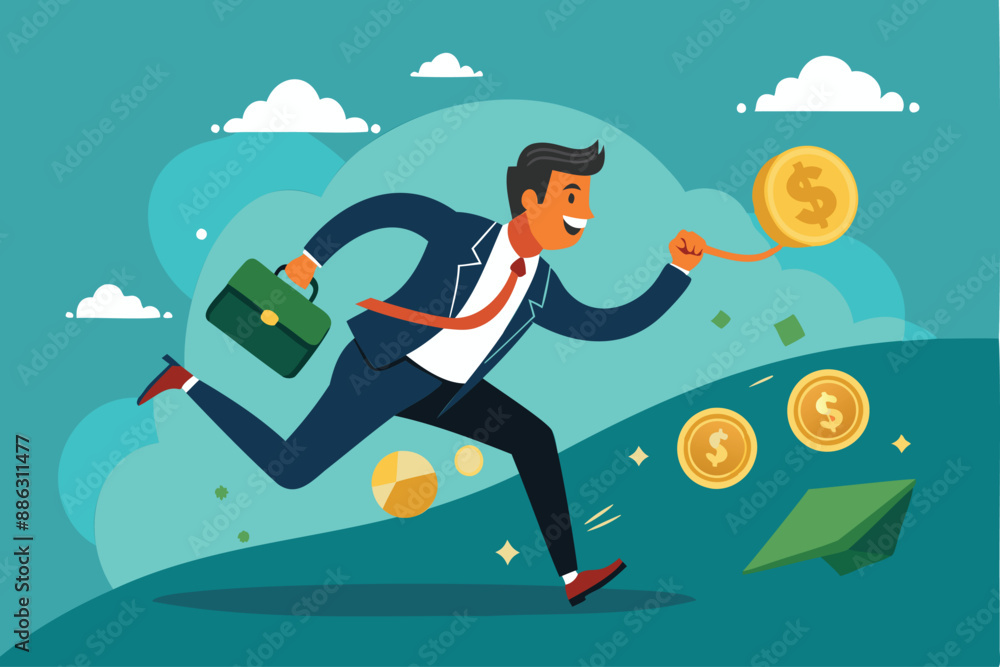 Greedy businessman chasing money coin trail, following investment opportunities for higher profits and better salary Greedy businessman chasing money coin trail, following investment opportunities for higher profits and better salary