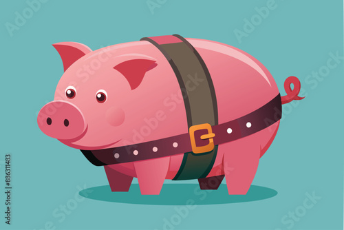 Pink Piggy Bank Tightening Belt, Representing Cost-Cutting Measures During Economic Downturn