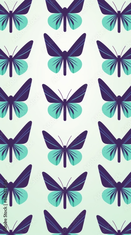 A pattern of teal and purple butterflies against a pale green background A pattern of teal and purple butterflies against a pale green background