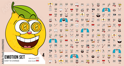 Set of retro cartoon comic faces with different emotional expressions. Cartoon funny faces. Caricature emotions. Expressive emotion, eyes, smiling, crying and surprised character face expressions.