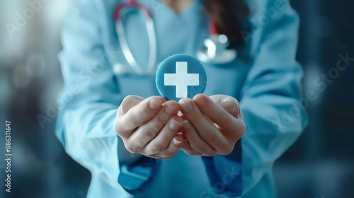 Hand of a woman holding medical plus icon, health insurance concept, glowing background, healthcare access,