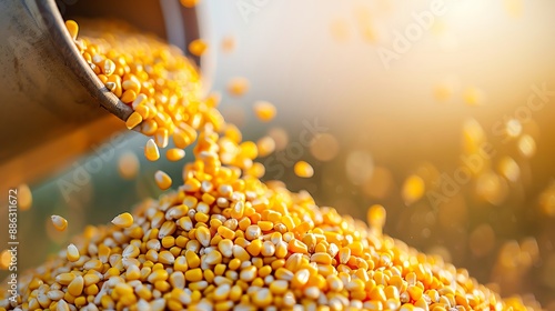 Harvester pouring freshly harvested corn maize seeds or soybeans into container trailer near, closeup detail, afternoon sunshine. Agriculture concept photo