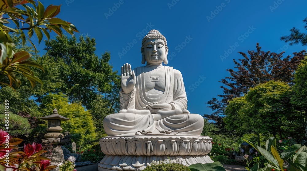 Serene Buddha statue amidst lush greenery and vibrant flowers Serene Buddha statue amidst lush greenery and vibrant flowers