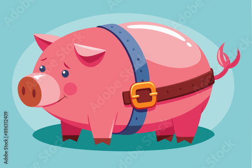 Pink Piggy Bank Tightening Belt, Representing Cost-Cutting Measures During Economic Downturn