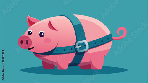 Pink Piggy Bank Tightening Belt, Representing Cost-Cutting Measures During Economic Downturn
