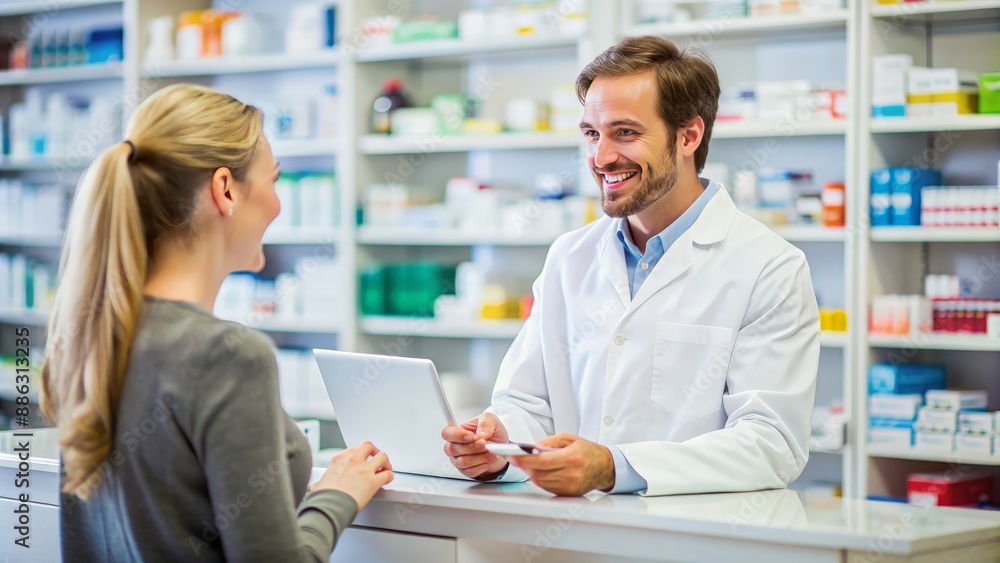 Happy pharmacist assisting customer in drugstore with purchasing medication, pharmacist, customer, medicine Happy pharmacist assisting customer in drugstore with purchasing medication, pharmacist, customer, medicine
