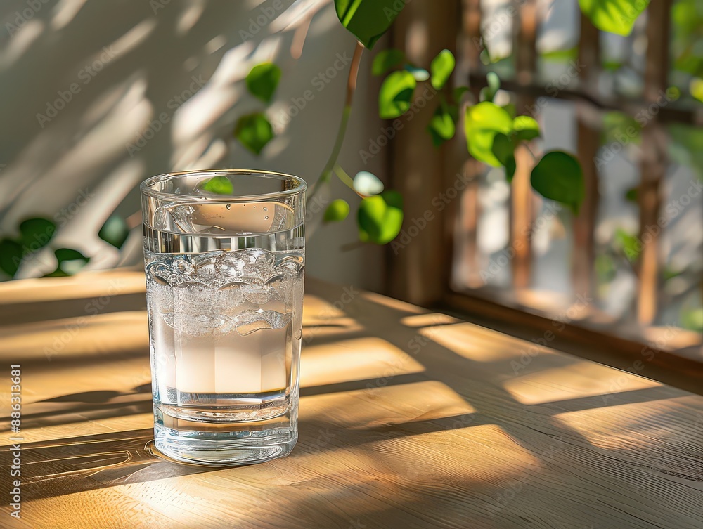 refreshing glass of water with ice cubes on a sunlit wooden table, surrounded by green plants. refreshing glass of water with ice cubes on a sunlit wooden table, surrounded by green plants.