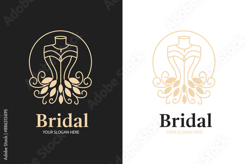  luxury Monochrome Bridal Gowns Boutique Logo Ideas, Sign, Icon, Mannequin, Fashion, Beautiful Bride, Boutique Bridal Logo Illustration Vector Design
