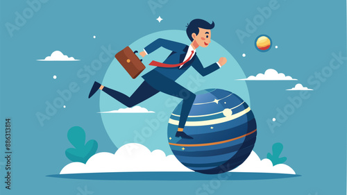Outsmarting Competition: Businessman Runs Effortlessly on Sphere, Demonstrating Smarter Strategies for Success