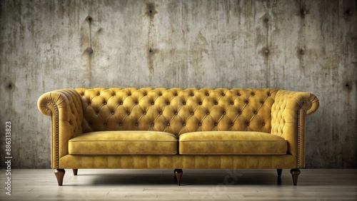 Mustard yellow velvet sofa with tufted buttons against textured wall, sofa, mustard yellow, velvet, tufted