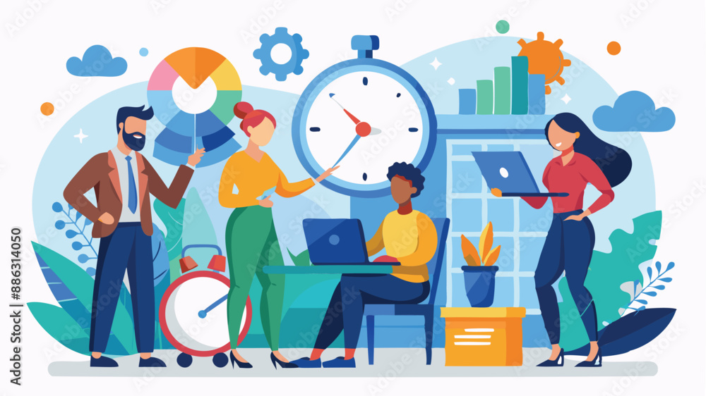 Efficient Time and Project Management: Business Team Collaborating to Complete Tasks Within Deadline Using Clock Timer Pieces Efficient Time and Project Management: Business Team Collaborating to Complete Tasks Within Deadline Using Clock Timer Pieces