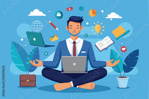 Genius businessman meditating while working on floating laptop, showcasing expertise and smart thinking for problem-solving