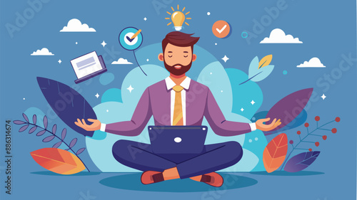 Genius businessman meditating while working on floating laptop, showcasing expertise and smart thinking for problem-solving