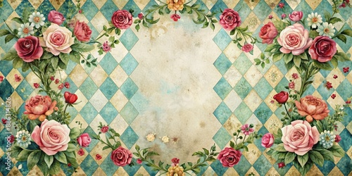 Alice in Wonderland inspired watercolor floral frame on grunge diamond Victorian background, watercolor, floral