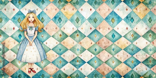 Whimsical watercolor Alice in Wonderland pattern on grunge diamond Victorian background, watercolor, seamless