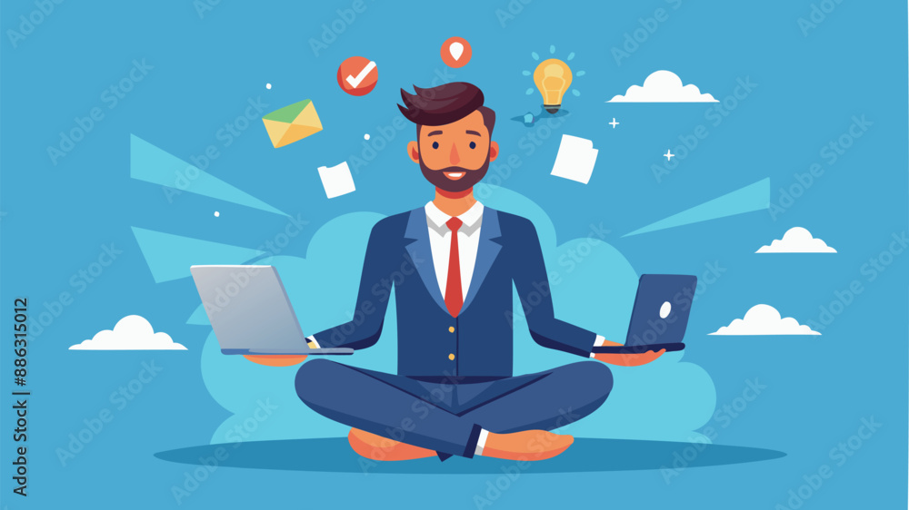 Genius businessman meditating while working on floating laptop, showcasing expertise and smart thinking for problem-solving Genius businessman meditating while working on floating laptop, showcasing expertise and smart thinking for problem-solving