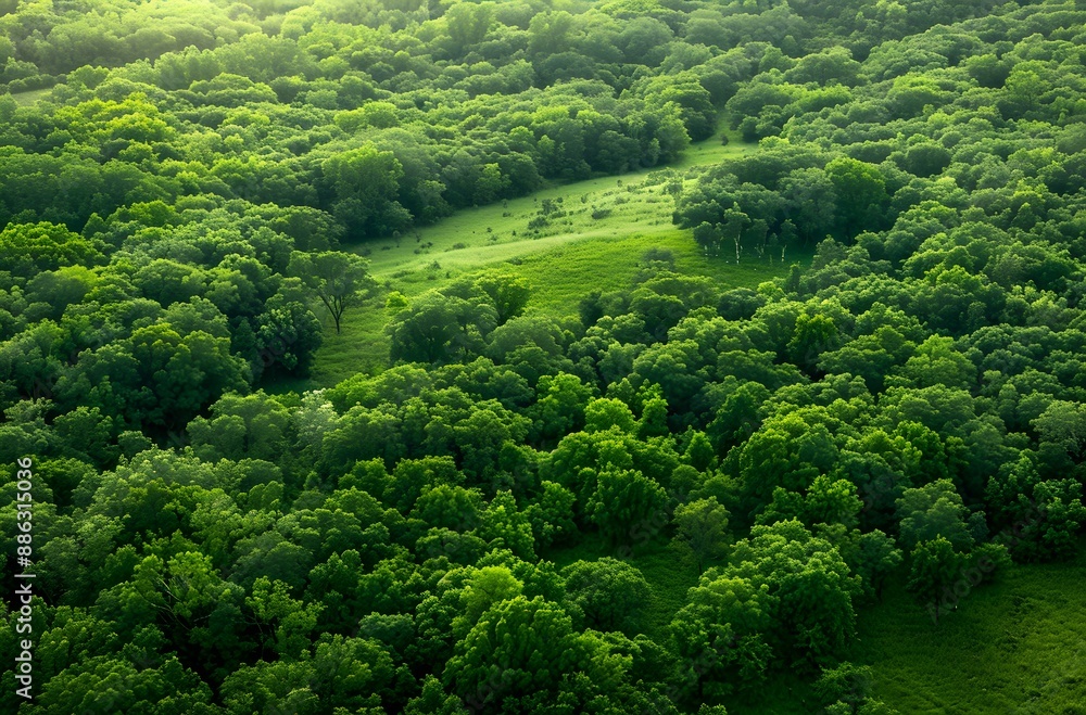 Obraz premium Aerial View Lush Green Forest Meadow Landscape