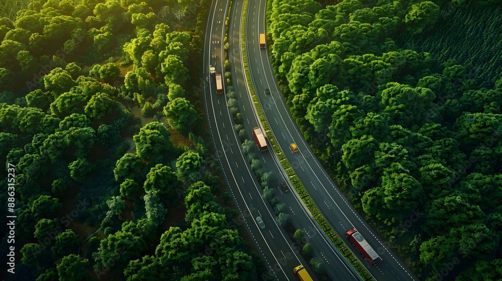 Aerial perspective of a highway cutting through a green forest, with hydrogen energy trucks and other vehicles, showcasing sustainable transportation Aerial perspective of a highway cutting through a green forest, with hydrogen energy trucks and other vehicles, showcasing sustainable transportation