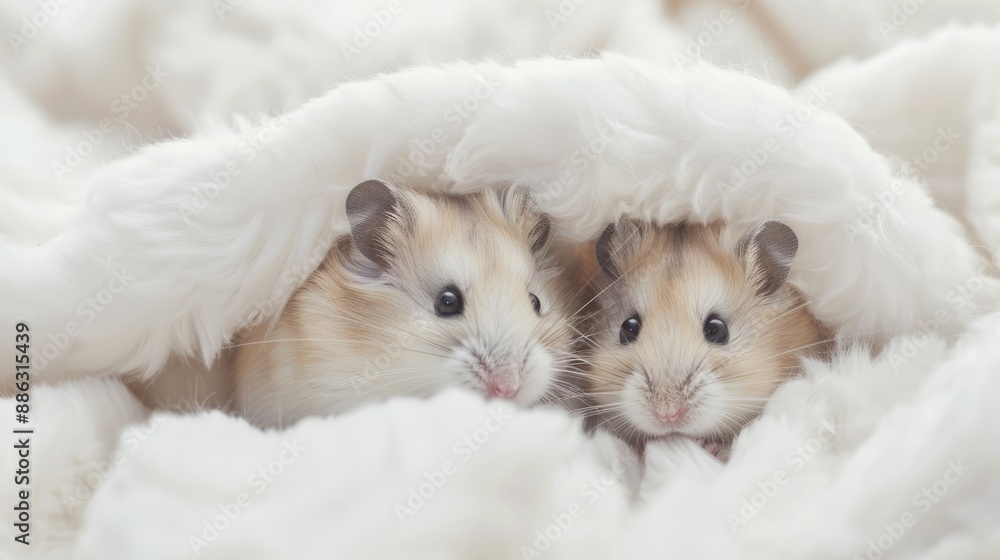 Obraz premium Two Adorable Hamsters Huddled Under a White Blanket