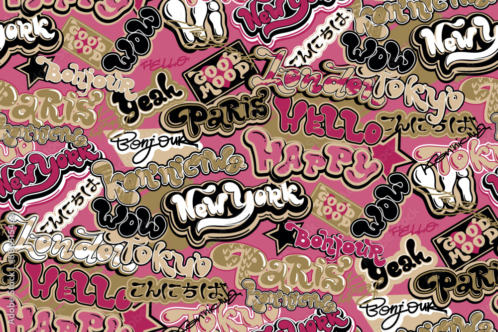 Naklejka premium Abstract seamless graffiti pattern with urban graffiti words, text New York, Paris, Kyiv, Tokyo, hello, happy. Typography ornament. Street art style text print for sport textile, wrapping paper.