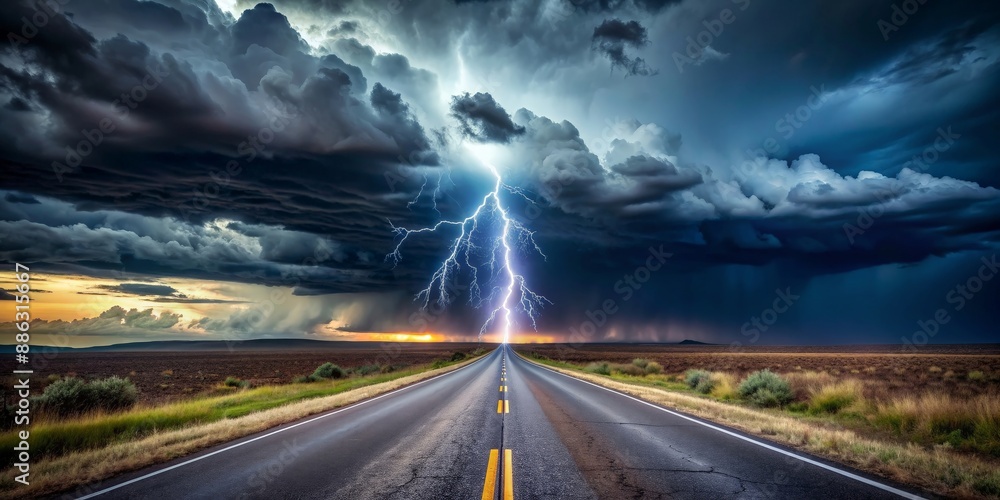 An eerie deserted road leading into an approaching thunderstorm with lightning on the horizon at night, deserted An eerie deserted road leading into an approaching thunderstorm with lightning on the horizon at night, deserted